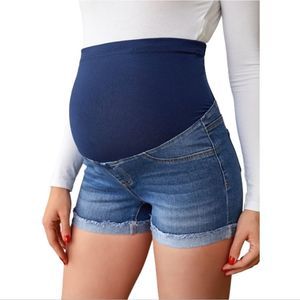 INDIGO‎ BLUE Fray Hem Maternity Stretch  Blue Denim Shorts Size XL